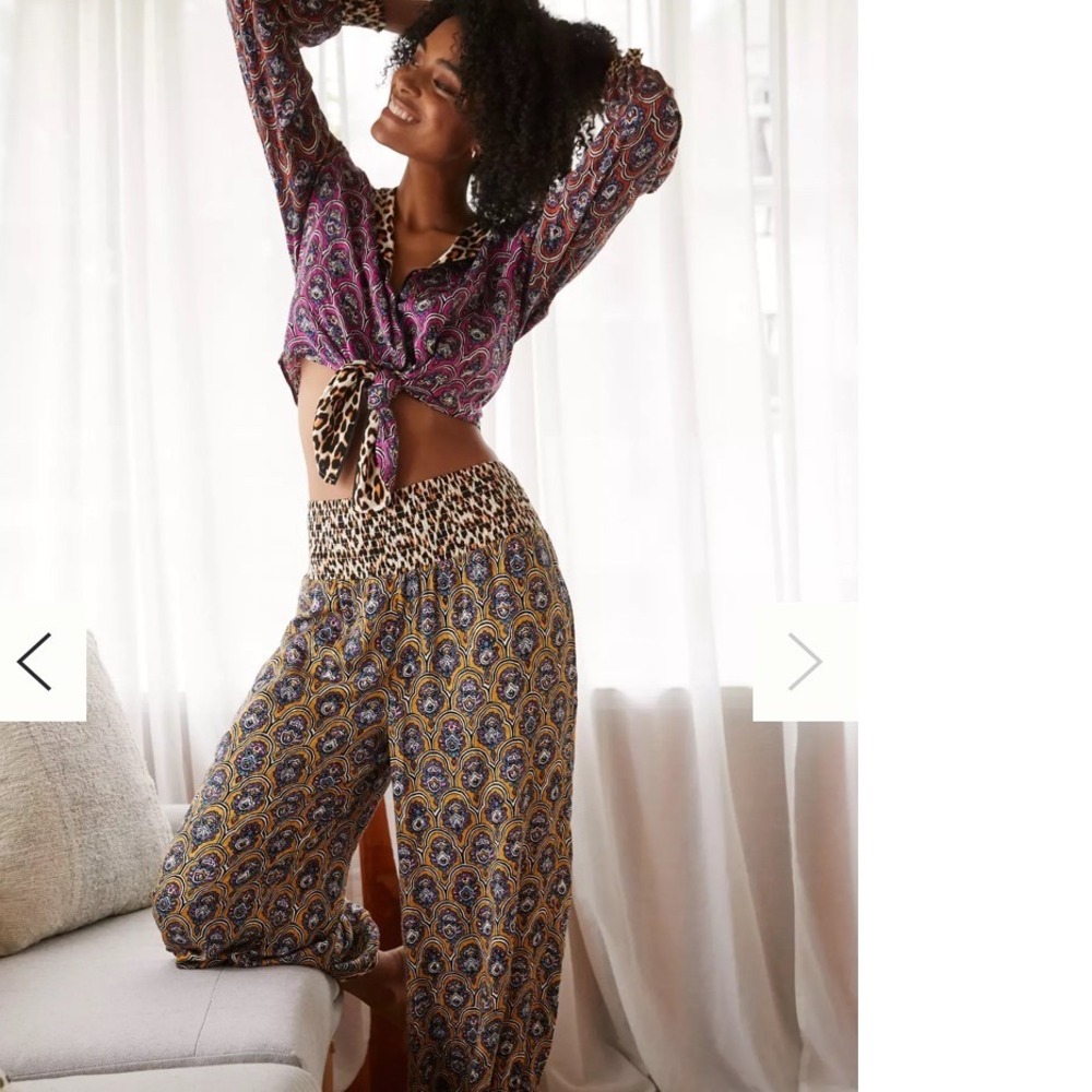 Anthropologie Harem Paisley Leopard Print 2 Piece Set Top Pants Purple Gold M/L